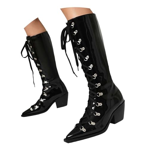 Generisch Damen Western Stiefeletten Mit Gestapeltem Absatz Stiefelette mit Hohem Absatz und Seitlichem Reißverschluss Damen Ankle Boot Elegante Damenstiefel Schnürung und Riemchen, hoher (39) von Generisch