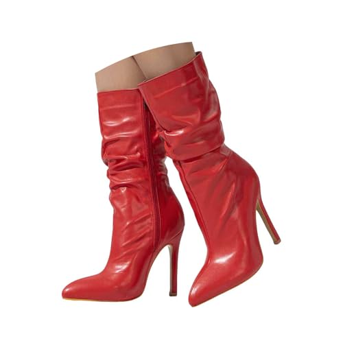 Generisch Damen Western Stiefeletten Mit Gestapeltem Absatz Stiefeletten Damen Schnürstiefel mit Reißverschluss Herbst Winter Boots Stiefel spitzer Zehenpartie und Stilettoabsatz (Red, 38) von Generisch