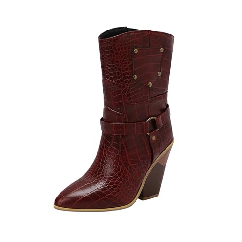Generisch Damen Westernstiefel Cowboystiefel für Damen, mit spitzer Zehenpartie, wadenhoch, Schlupfstiefel mit Absatz mit Blockabsatz Western Cowboy Boots High Heel von Generisch