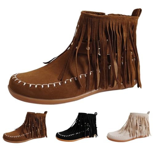 Generisch Damen Wildleder Stiefel Flach Stiefeletten Mit Fransen Elegant Halbstiefel Cowboy Kurzstiefel Einfarbige Ankle Boots Runde Zehe Winterstiefel Langschaft Fransenstiefel Outdoor Schneestiefel von Generisch