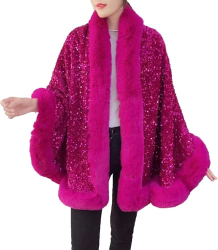 Generisch Damen Winter Glänzend Kunstpelz Lose Strickjacke Mode Vielseitig Pailletten Schal Schal Elegant Gepolstert Verdickt Warm Offen Vorne Mantel (Dunkelrosa,Einheitsgröße) von Generisch