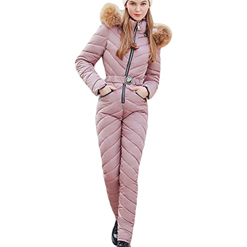 Generisch Damen Winter Onesies Skianzug Leicht Warmer Winddichter Regen-Schnee-Mantel-Pelz-Kragen-Ski Overall Schneeanzug Mit Fellkapuze (XL,Rosa) von Generisch