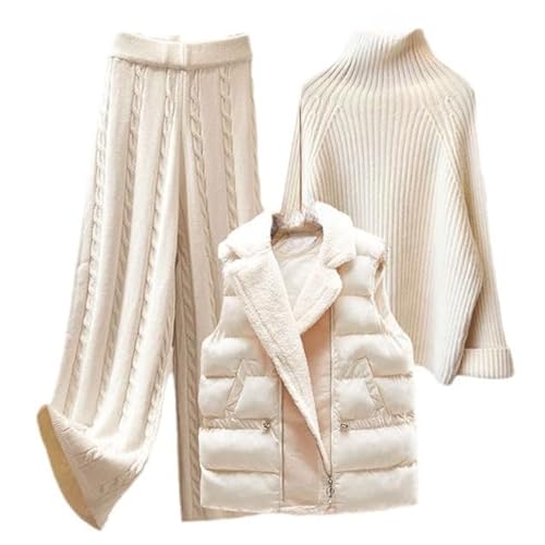 Generisch Damen Winter Warm 3 Stück Set strickhose damen Pullover Weite Beinhose Lammwolle Weste Strickanzug (Farbe1,L) von Generisch