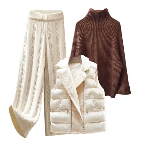 Generisch Damen Winter Warm 3 Stück Set strickhose damen Pullover Weite Beinhose Lammwolle Weste Strickanzug (Farbe2,M) von Generisch
