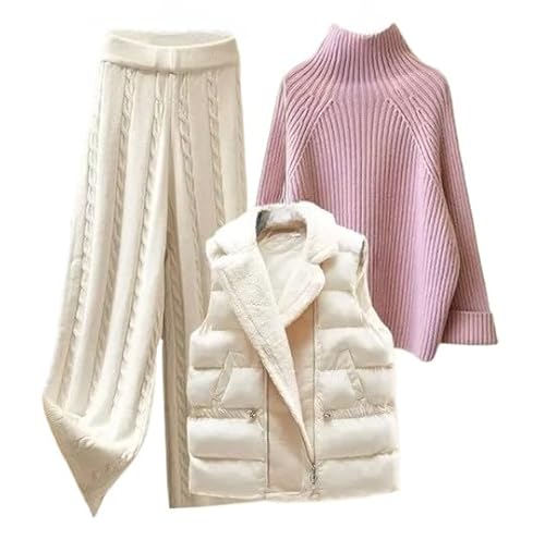 Generisch Damen Winter Warm 3 Stück Set strickhose damen Pullover Weite Beinhose Lammwolle Weste Strickanzug (Farbe3,S) von Generisch