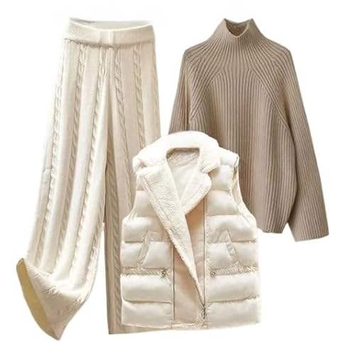 Generisch Damen Winter Warm 3 Stück Set strickhose damen Pullover Weite Beinhose Lammwolle Weste Strickanzug (Farbe4,L) von Generisch