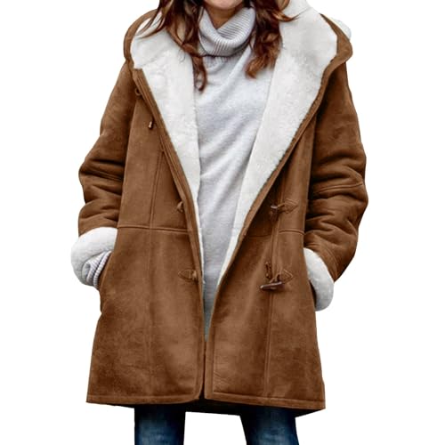 Generisch Damen Winterjacke 2024 Warm Plus Size gefütterte Jacke Button-Up Lammfleece Kapuzenparka Jacke Damen-Fleecejacken und -mäntel Jacken für Frauen in Übergrößen Herbstmäntel (Brown-3, XXXXXL) von Generisch