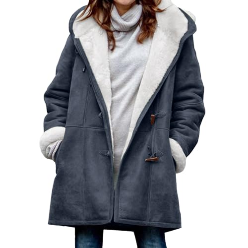 Generisch Damen Winterjacke 2024 Warm Plus Size gefütterte Jacke Button-Up Lammfleece Kapuzenparka Jacke Damen-Fleecejacken und -mäntel Jacken für Frauen in Übergrößen Herbstmäntel (Navy-3, XXXL) von Generisch