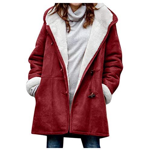 Generisch Damen Winterjacke 2024 Warm Plus Size gefütterte Jacke Button-Up Lammfleece Kapuzenparka Jacke Damen-Fleecejacken und -mäntel Jacken für Frauen in Übergrößen Herbstmäntel (Red-5, XXXXXL) von Generisch