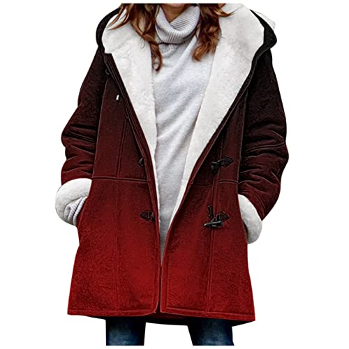 Generisch Damen Winterjacke 2024 Warm Plus Size gefütterte Jacke Button-Up Lammfleece Kapuzenparka Jacke Damen-Fleecejacken und -mäntel Jacken für Frauen in Übergrößen Herbstmäntel (Wine-4, XXL) von Generisch