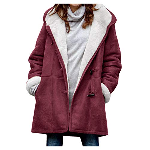 Generisch Damen Winterjacke 2024 Warm Plus Size gefütterte Jacke Button-Up Lammfleece Kapuzenparka Jacke Damen-Fleecejacken und -mäntel Jacken für Frauen in Übergrößen Herbstmäntel (Wine-6, L) von Generisch