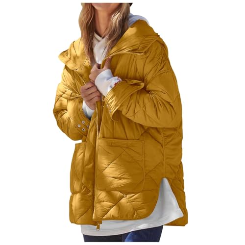 Generisch Damen Winterjacke Baggy Steppjacke Einfarbig Mantel Winter Übergangsjacke Patchwork Wintermantel Lang Jacke Reißverschluss Daunenjacke Seitenschlitzen Outdoorjacke Casual Kapuzenjacke von Generisch