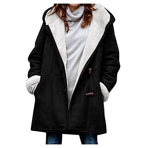 Generisch Damen Winterjacke Mode Fleecejacke Oversize Wintermantel Hornschnalle Übergangsjacke Sweatjacke Plüschjacke Softshelljacken(2-Schwarz,XXL) von Generisch