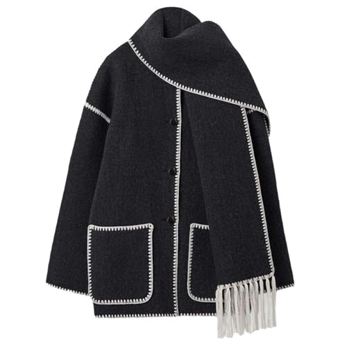 Generisch Damen Wintermantel Mit Schal Lose Langarm Einreiher Mäntel Quaste Schal Kragen Weibliche Freizeitjacke Herbst Winter Jacke Wintercoat Outwear Für Frauen (A-White, S) von Generisch