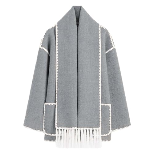 Generisch Damen Wintermantel Mit Schal Lose Langarm Einreiher Mäntel Quaste Schal Kragen Weibliche Freizeitjacke Herbst Winter Jacke Wintercoat Outwear Für Frauen (Grey, M) von Generisch