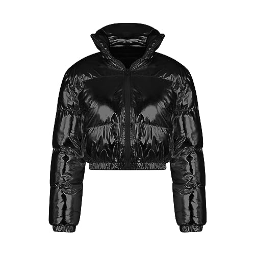 Generisch Damen Wintermantel Warm Elegant Glänzend Schwarz S Steppmantel Langarm Reißverschluss Winter von Generisch