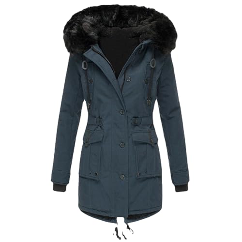 Generisch Damen Wintermantel Warmer Steppmantel lang mit Kapuze und abnehmbarem Kunstfellkragen XS-XXL Wollmantel Damen Lang Langer Steppmantel Damen Winter von Generisch