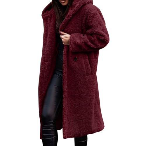 Generisch Damen Wintermantel warmer Steppmantel lang mit Kapuze Winter Coat Women Daunenjacke Damen Leicht Rot Lange Softshelljacke Damen Wasserdicht Atmungsaktiv von Generisch