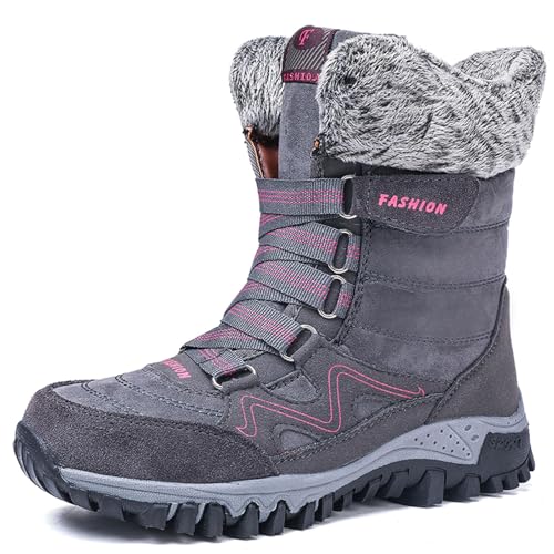 Generisch Damen Wintermode Verdickung Warme Schnürung Einfarbige Schneestiefel rutschfeste Bequeme Stiefel Jungen 32 (Grey, 39) von Generisch