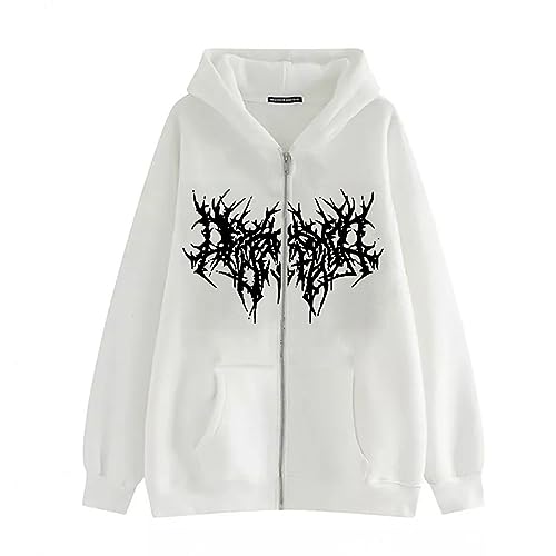 Generisch Damen Y2K Jacke Zip Up Hoodies Goth Graphics Harajuku Oversized Sweatshirt Vintage Kapuzenjacke Kapuzenpullover Kordelzug Sweatjacke mit Kapuze Casual Locker Tops Oberteile von Generisch