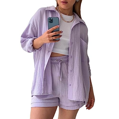 Generisch Damen Zweiteiler Outfit Sommer Freizeitanzug Einfarbig Revers Button Down Hemd und Shorts Set Casual Loungewear Hosenanzug Y2K Streetwear von Generisch