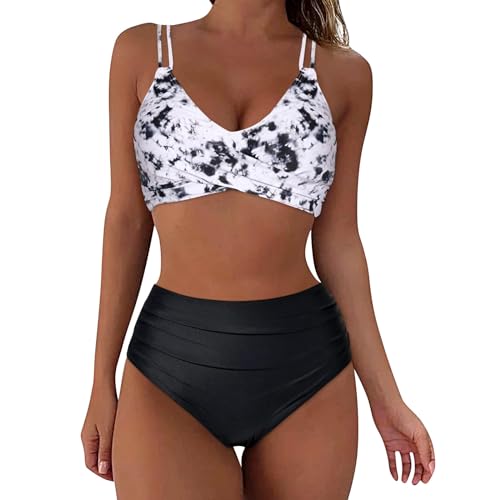 Generisch Damen Zweiteiliger Tankini,Bikini mit Blumenmuster Schnür-Tankini Oberteil hochtaillierte Shorts Badeanzug Zweiteiler Damen Elegant Bikini Damen Schwarz Weiß Bikini Damen Sportlich von Generisch