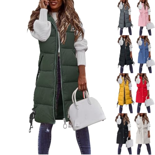Generisch Damen mit Kapuze Outdoor Damen Daunenweste Longweste, Lange Weste Lang Angebot Winterjacke Mantel Übergangsjacke Einfarbige Mittellange ärmellose Weste von Generisch