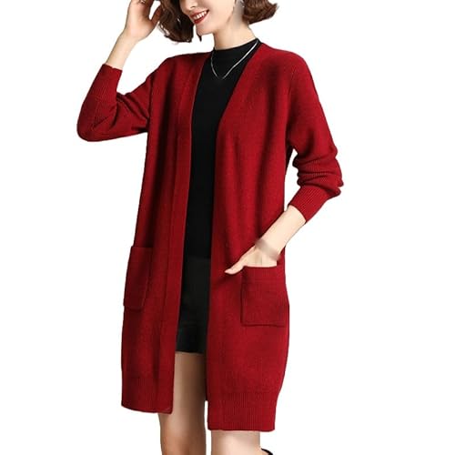 Generisch Damen mittellange Strickjacken V-Ausschnitt Lange Ärmel Vorne Offene Strickjacken Rippstrickjacke mit Taschen Freizeitjacke Oberbekleidung für Herbst Winter Rot S von Generisch