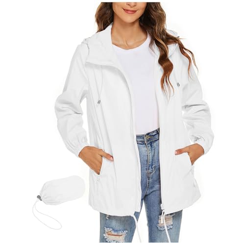 Generisch Damenjacken Frühjahr Sommer Regenjacke Damen Wasserdicht Leicht Regenmantel Faltbar Windbreaker Dünne Packbar Reisen Fahrrad Regenjacken Windjacke Weiß von Generisch