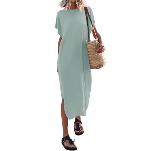Generisch Damenkleider Sommer Lang Boho Sommerkleider Leicht Kurzarm Kleider mit Schlitz Elegant Maxikleid mit Ärmeln Casual Kaftan Kleid Einfarbig Strandkleider Luftig Rundhals Locker Freizeitkleid von Generisch