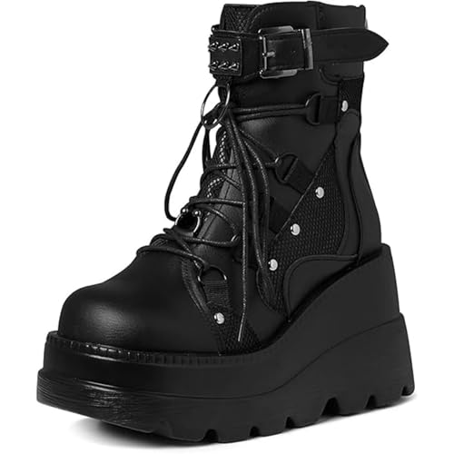 Generisch Damenmode In Übergrößen – Kurze Stiefel Klobige Stiefeletten Atmungsaktive Motorradstiefel Schuhe Mit Runder Spitze Und Keilabsatz(Black,37) von Generisch