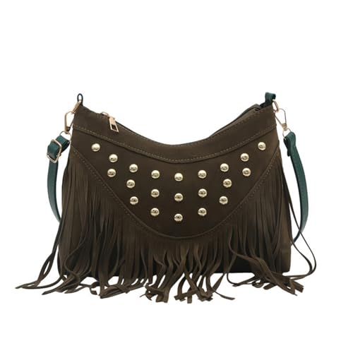 Generisch Damenmode-Umhängetasche, Retro-Umhängetasche mit Fransen und Nieten für den täglichen Gebrauch Umhängetaschen Herren Klein Camouflage (Army Green, 26cmX6.5cmX19cm) von Generisch