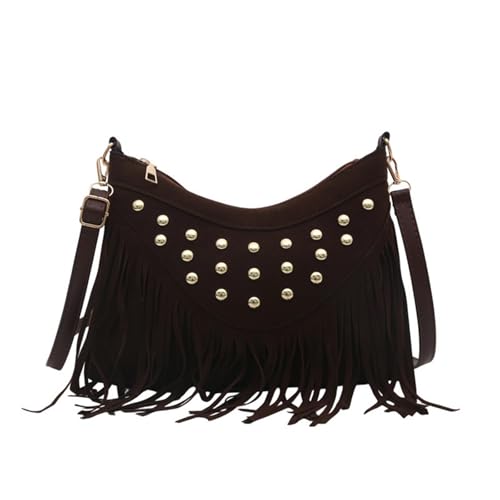 Generisch Damenmode-Umhängetasche, Retro-Umhängetasche mit Fransen und Nieten für den täglichen Gebrauch Umhängetaschen Herren Klein Camouflage (Coffee, 26cmX6.5cmX19cm) von Generisch