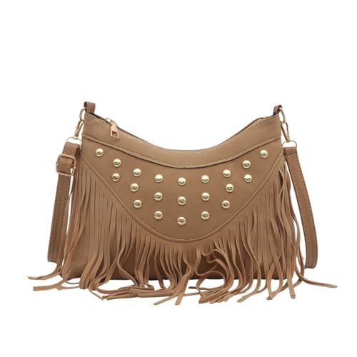 Generisch Damenmode-Umhängetasche, Retro-Umhängetasche mit Fransen und Nieten für den täglichen Gebrauch Umhängetaschen Herren Klein Camouflage (Khaki, 26cmX6.5cmX19cm) von Generisch