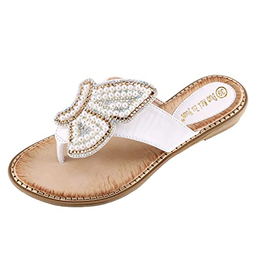Generisch Damensandalette Keilabsatz Sandalen Damen Weit Runde Schuhe der Mode Tierfrauen Perlen Sandelholz Toe Pinch Frauensandalen (White 41) von Generisch