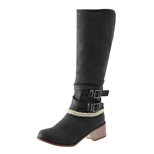 Generisch Damenschuhe Runde Zehe Gürtelschnalle Zurück Reißverschluss Chunky Heel Damenstiefel Stiefel Mid Boots Hightech (Black, 41) von Generisch