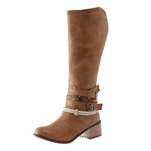 Generisch Damenschuhe Runde Zehe Gürtelschnalle Zurück Reißverschluss Chunky Heel Damenstiefel Stiefel Mid Boots Hightech (Brown, 40) von Generisch