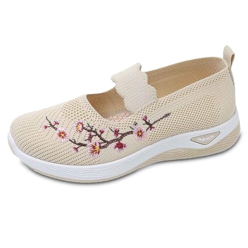 Generisch Damenschuhe Schwarz Mit Klettverschluss Übern Flach Damen Freizeitschuhe Atmungsaktiv Besticktes Design Leichte Bequeme Alltagsschuhe Schwarze Schuhe Damen Elegant Flach (Beige, 41) von Generisch