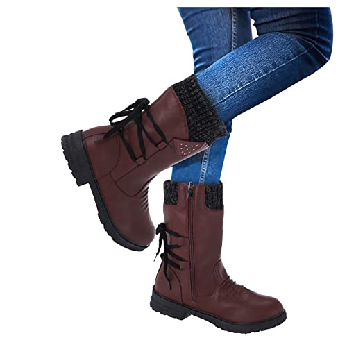 Generisch Damenschuhe lässige Vintage-Retro-Mittelwadenstiefel Spitze up Big Heels Schuhe Outdoor Herren Wasserdicht Kälte (38) von Generisch