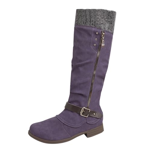 Generisch Damenstiefel Größe Mit Weiter Wade Kniehoch,Winterstiefel Mit Rundem Und Seitlichem Reißverschluss,Einfarbig Quadratischem Absatz,Pu Mittelrohrstiefel Schuhe von Generisch