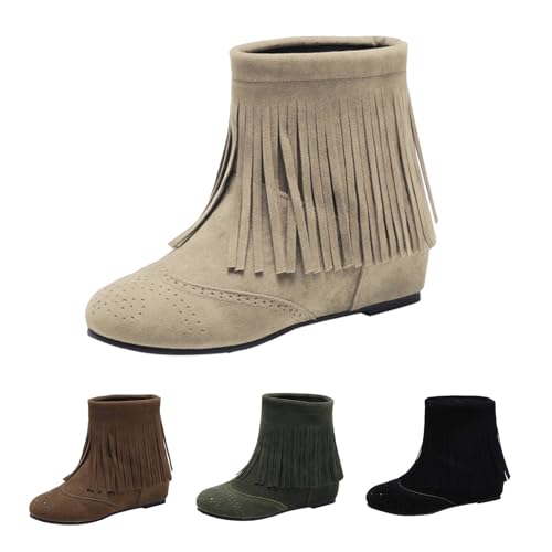 Generisch Damenstiefel Mit Absatz,Einfarbige Rutschfeste Keilabsatz,Damen Tassel Stiefel,Casual Kurze Tube Stiefel Winter,Damenstiefel Mit Weiter Wade,Schlupfstiefel von Generisch