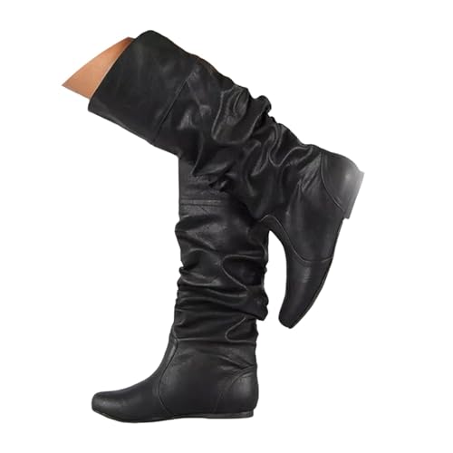 Generisch Damenstiefel Mit Weiter Wade,Damen Winter Flache Schwarze Stiefeletten,Einfarbig Runde Zehen Warme Winter Outdoor Casual Rutschfester Westernstiefel von Generisch