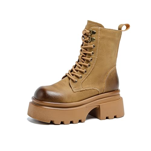 Generisch Damenstiefeletten Mit Dicker Sohle Motorradstiefel Mit Klobigem Absatz Und Runder Spitze Kurze Stiefel Mit Seitlichem Reißverschluss Und Rutschfester Sohle(Yellow,36) von Generisch
