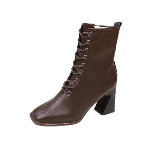 Generisch Damenstiefeletten Mit Klobigem Absatz Lässige Stiefeletten Mit Eckiger Spitze Und Seitlichem Reißverschluss Elegante Damenschuhe Mit Absatz(Brown,35) von Generisch