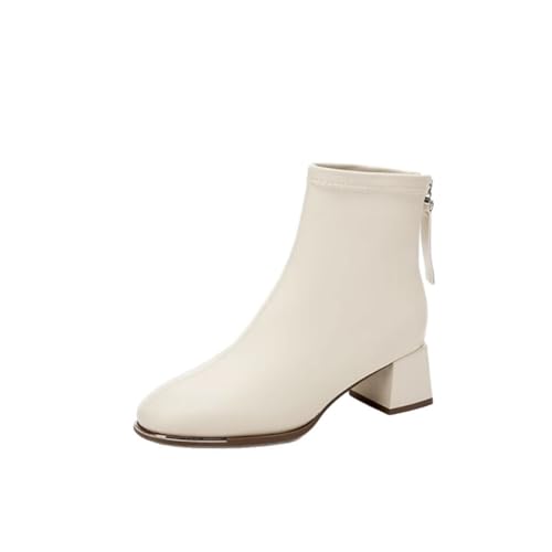 Generisch Damenstiefeletten Mit Klobigem Absatz Modische Stiefeletten Mit Runder Spitze Und Mittlerem Absatz Reißverschluss Hinten Leichte Arbeitsstiefel Für Unterwegs(White,37 EU) von Generisch