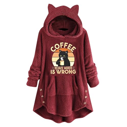 Generisch Daunenjacke Damen 48 Damen Langarm-Kapuzenpullover mit Aufdruck „Tea Cat B“ aus Fleece, süß Bedruckt, lockeres Oberteil mit Knopftaschen Sportalm Damen Mantel (Brick Red, M) von Generisch