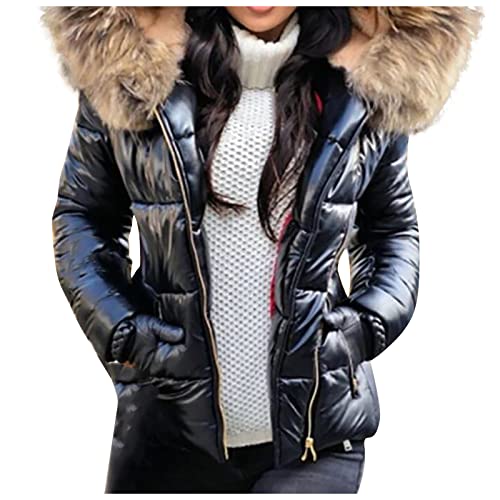 Generisch Daunenjacke Damen Winter Kurz Glänzend Steppjacke Damen Leicht mit Kapuze Winterjacke Damen Warm Fellkapuze Puffer Jacke Damen Glänzend Reflektierend mit Reissverschluss Kurze Daunenmantel von Generisch