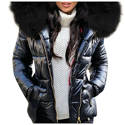 Generisch Daunenjacke Damen Winter Kurz Glänzend Steppjacke Damen Leicht mit Kapuze Winterjacke Damen Warm Fellkapuze Puffer Jacke Damen Glänzend Reflektierend mit Reissverschluss Kurze Daunenmantel von Generisch