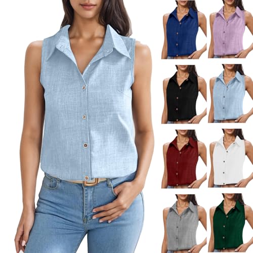Generisch Deal des Tages Leinenbluse Damen Sommer Leinenhemd Ärmellos Button Down Blusen Business Hemd Casual Kragen Hemden Freizeit Leichte Oberteil Must Have von Generisch