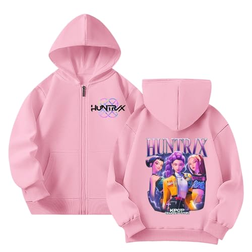 Generisch Demon pop Hunters Mädchen Hoodie K-pop Anime Drucken Kapuzenpullover mit Zip und Tasche Casual Bequeme Pullover Bequeme Lässige Sweatshirt Autumn Winter Oberteile (A-2-Pink, 9-10 Years) von Generisch